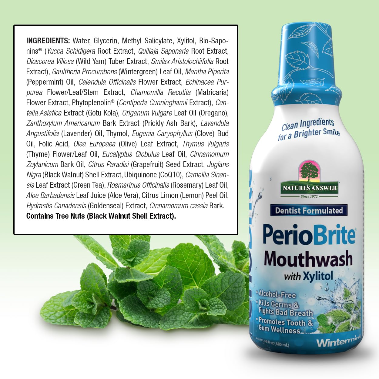 Nature’s Answer PerioBrite mouthwash ingredient panel 480ml back view