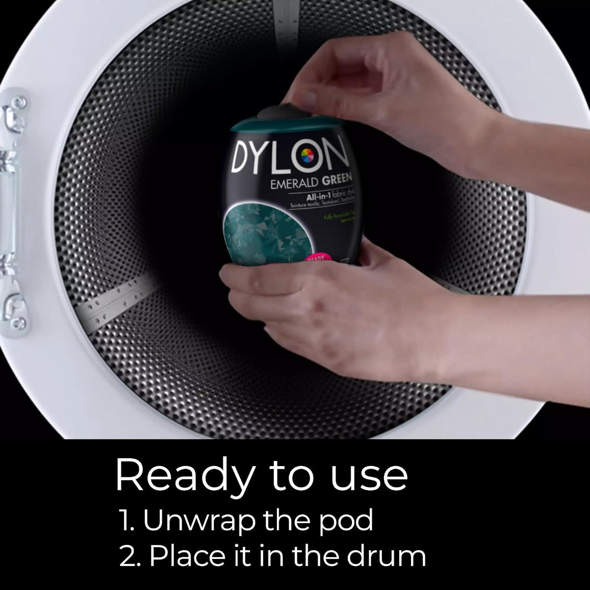 Dylon All-in-1 Washing Machine Fabric Dye Pod Emerald Green 350g usage instructions packaging