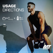 Man lifting weights with fitness supplement usage directions on a gray background