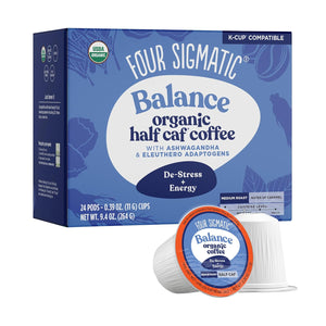 Four Sigmatic Organic Half Caff Coffee Pods 24-Count Box, Medium Roast.