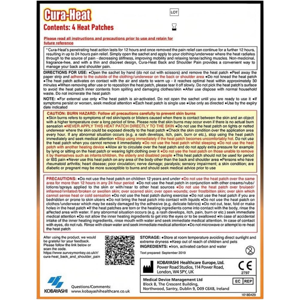 Cura-Heat 24H non-medicinal heat patch back shoulder air-activated 4 patches ingredients