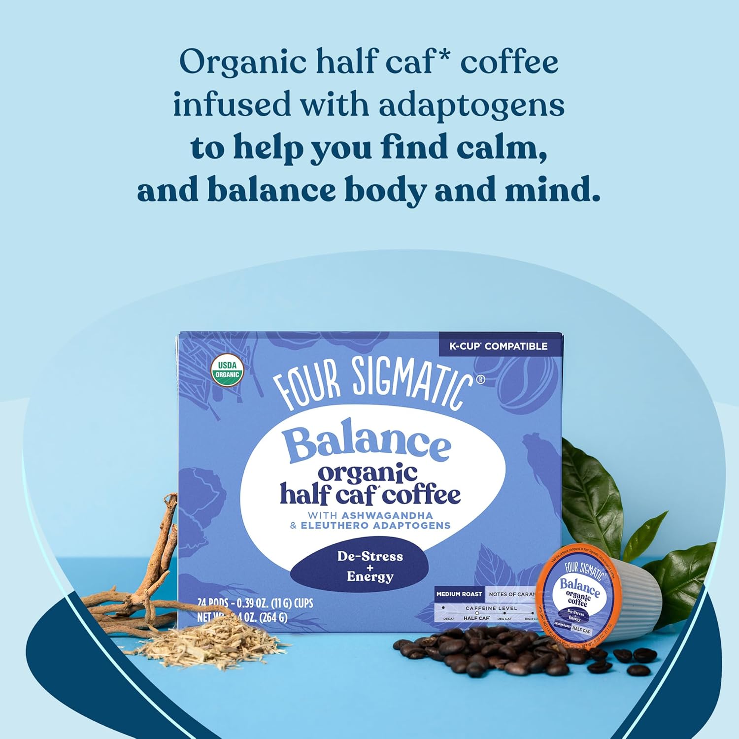 Four Sigmatic Organic Half Caff Coffee Pods, Medium Roast - 24 Count