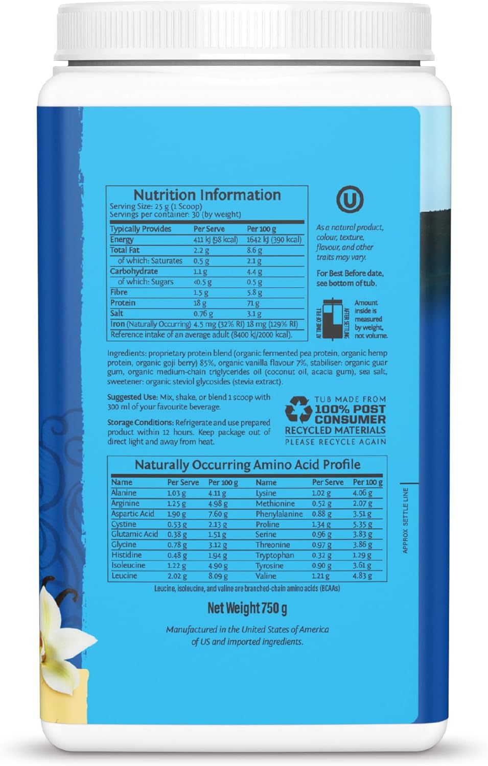Back of Sunwarrior vanilla protein powder showing ingredient list.