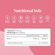 Novomins Biotin Gummies 10000mcg Peach 60 Count nutritional info vitamins panel