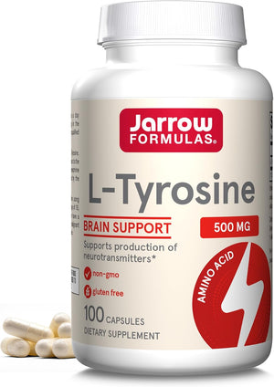 Front Image: Jarrow Formulas L-Tyrosine 500mg capsules 100 count front packaging bottle