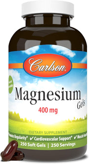 Front image: Carlson Magnesium Gels 400 mg softgels supplement bottle 250 count