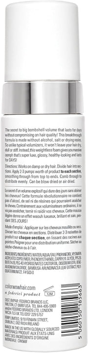 ack label of Color Wow Bombshell Volumizer showing instructions and ingredients.