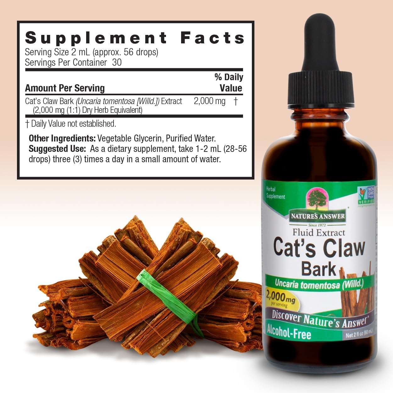 Nature's Answer Cat's Claw Bark Alcohol-Free Extract 60ml supplement facts and directions