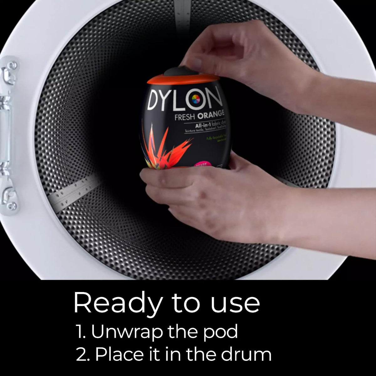 Dylon All-in-1 Washing Machine Fabric Dye Pod Fresh Orange 350g usage instructions packaging