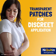 NiQuitin Clear Step 1 Nicotine Patches 21mg worn discreetly as directed during a smoking cessation programme