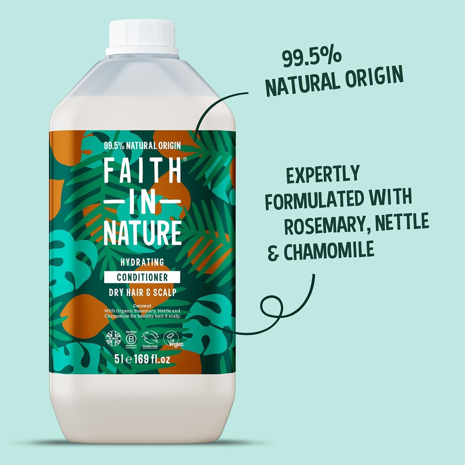 Faith In Nature Coconut Hydrating Conditioner Refill 5L bottle packaging in hair care use