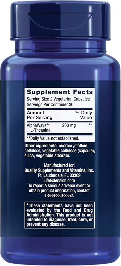 Life Extension L-Theanine 200 mg supplement bottle, 60 vegetarian capsules.