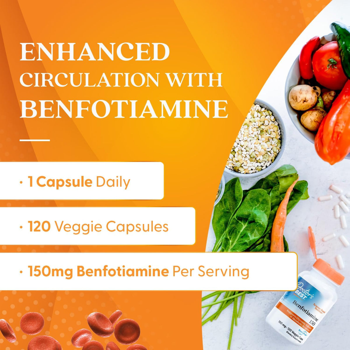 Doctor's Best Benfotiamine, bottle packaging, no flavour, 150mg, 120 veggie capsules, daily use instructions