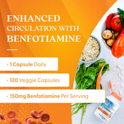 Doctor's Best Benfotiamine, bottle packaging, no flavour, 150mg, 120 veggie capsules, daily use instructions