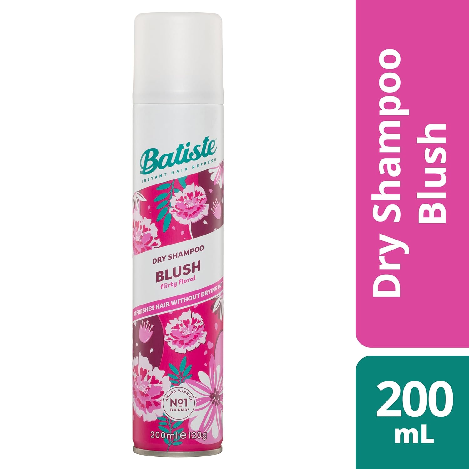 Batiste Dry Shampoo Blush Flirty Floral 200ml can, pink design on white background.