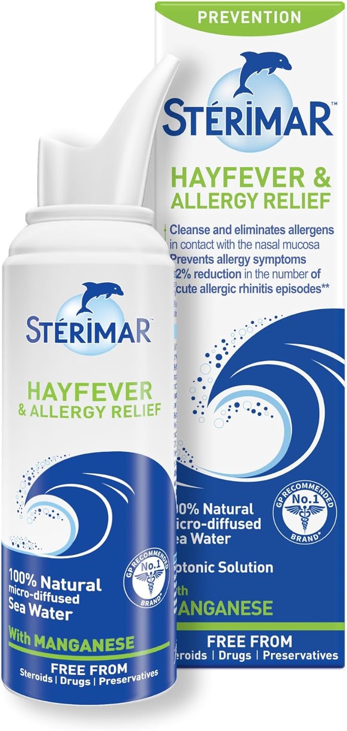 Front image: Sterimar hayfever nasal spray sea water manganese bottle & box 50ml