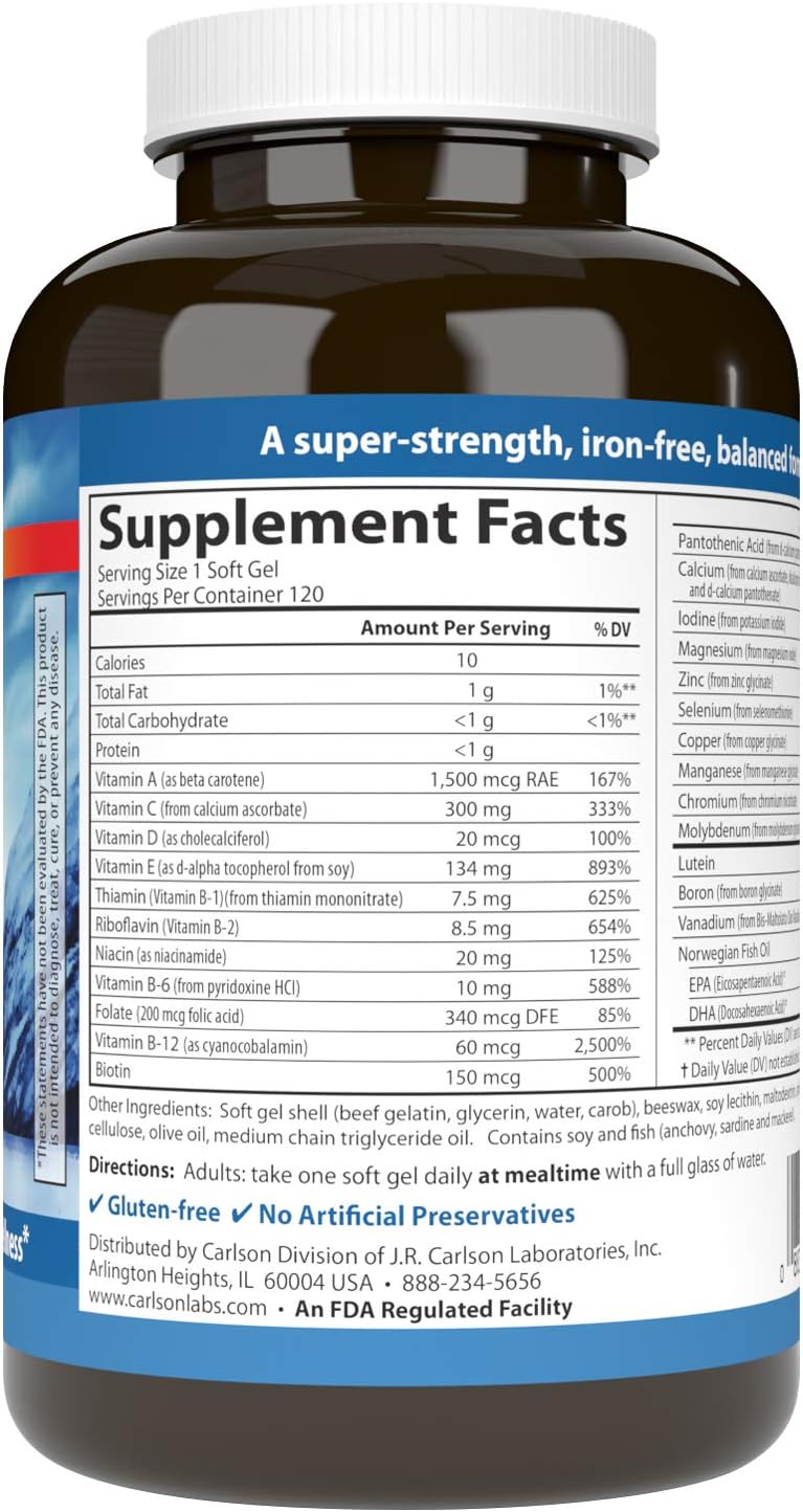 Supplement facts & ingredients image: Carlson Multi Omega 3 vitamins minerals EPA DHA supplement facts 120 softgels