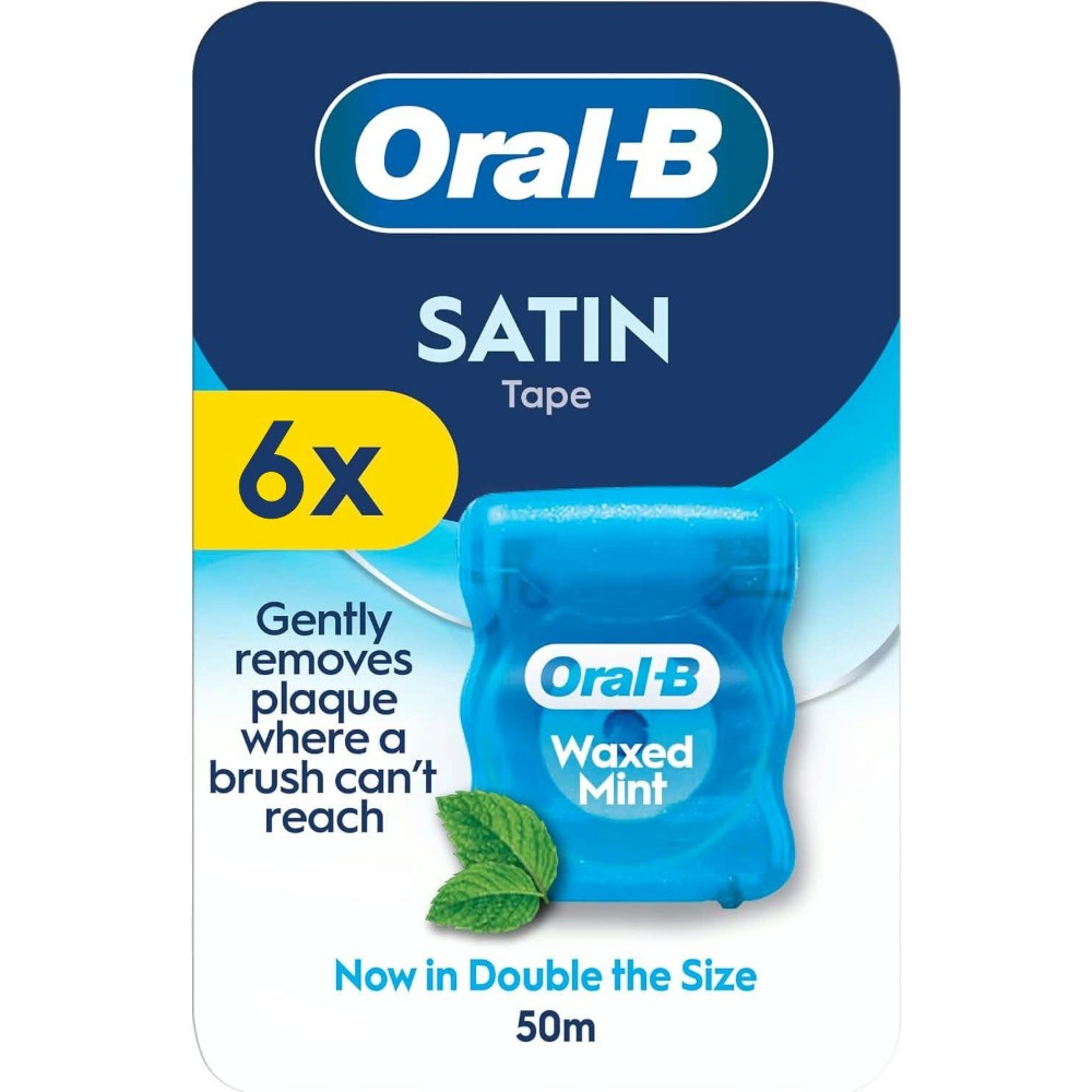 Oral-B Satin Tape Waxed Mint Dental Floss 6 x 50m multipack front packaging