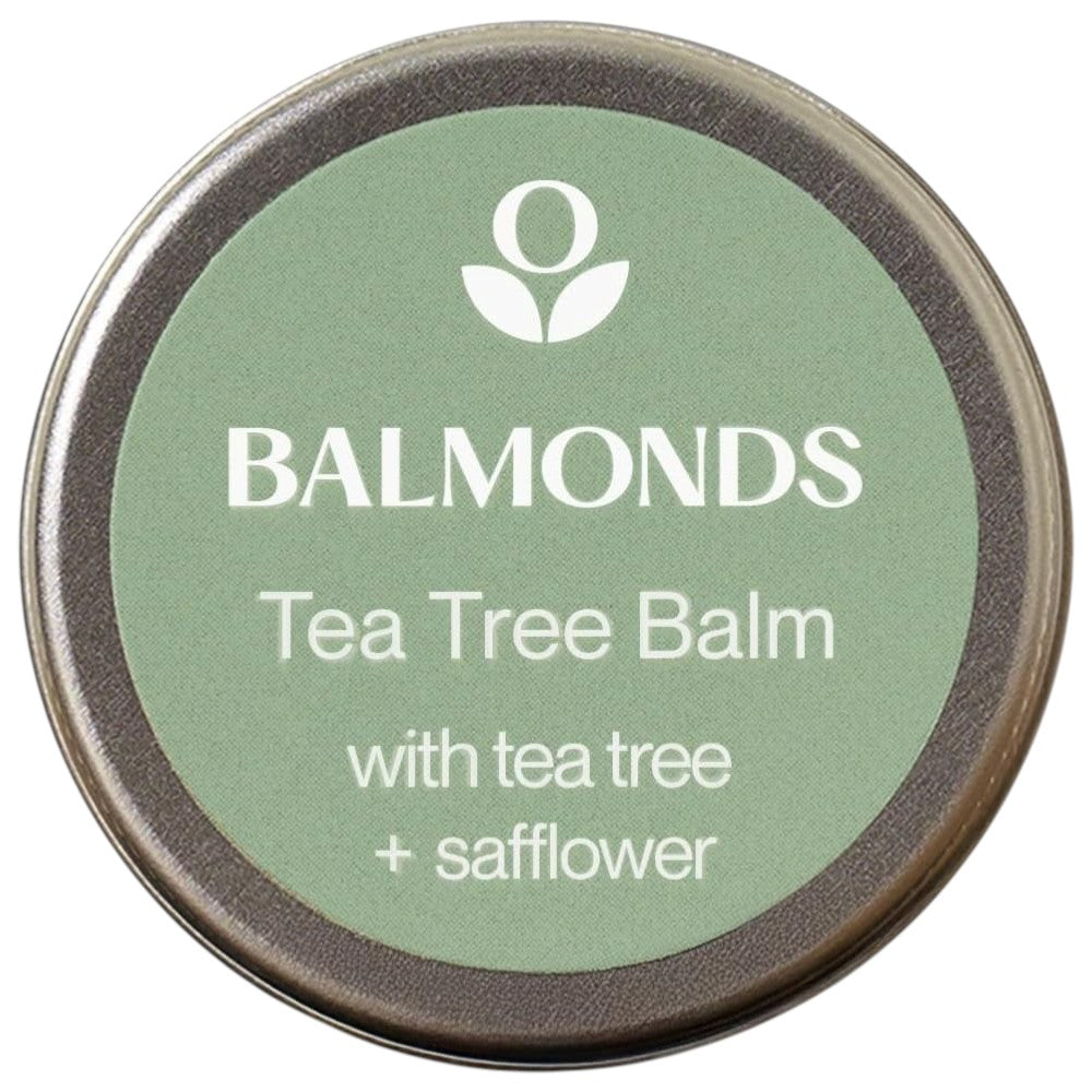 Front image: Balmonds Tea Tree Balm 15ml tin natural skin balm packaging