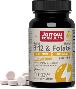 Front Image: Jarrow Formulas Methyl B-12 1000mcg and folate 400mcg chewable tablets bottle 100 count