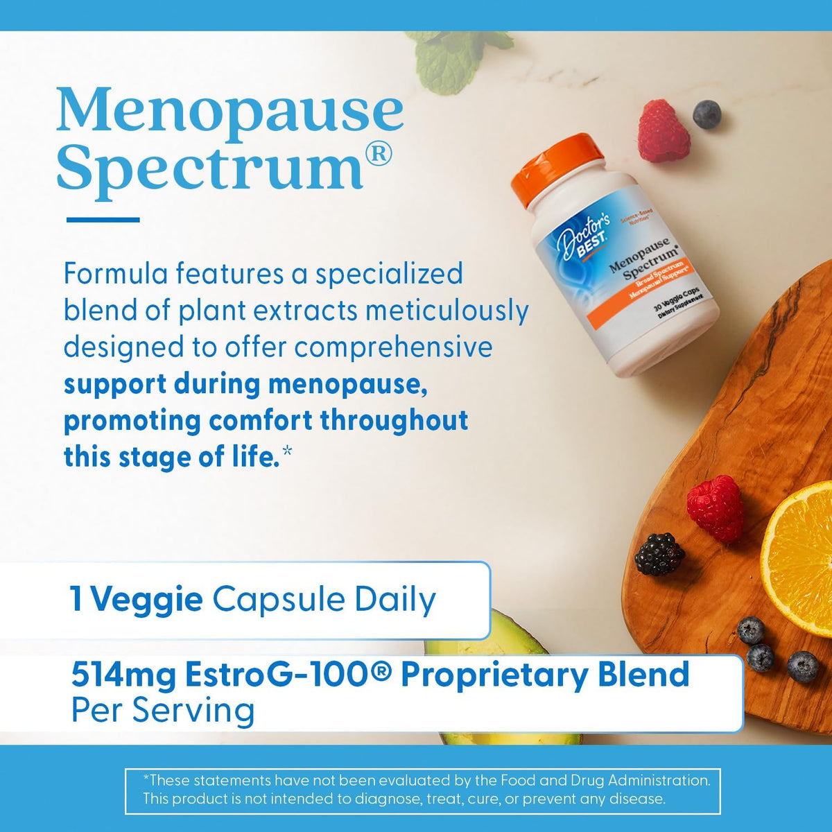Doctor's Best Menopause Spectrum with EstroG-100, bottle packaging, no flavour, 30 veggie capsules, daily use instructions