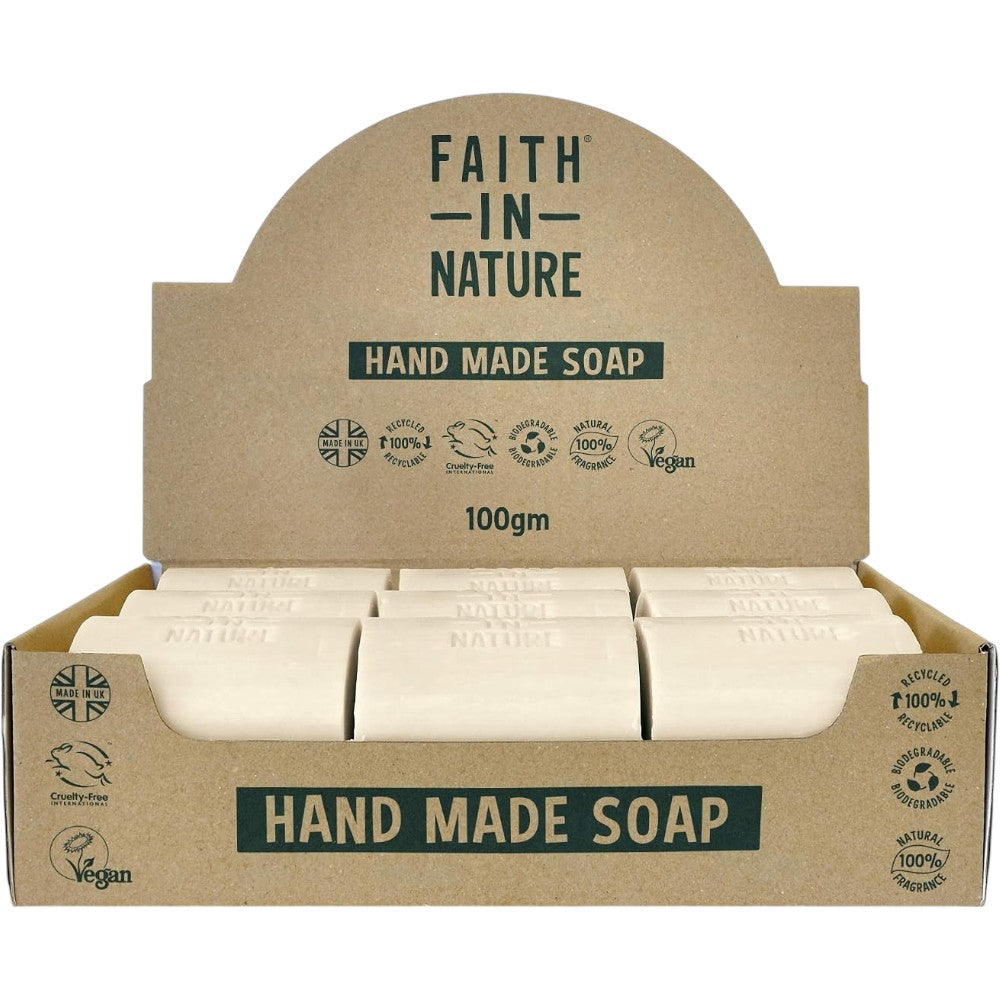 Faith In Nature Natural Lavender Vegan Bar Soap cardboard box with 18 × 100g unwrapped soap bars