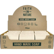 Faith In Nature Natural Lavender Vegan Bar Soap cardboard box with 18 × 100g unwrapped soap bars