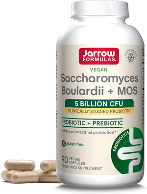 Front Image: Jarrow Formulas Saccharomyces Boulardii MOS probiotic capsules bottle 90 count 5 billion CFU