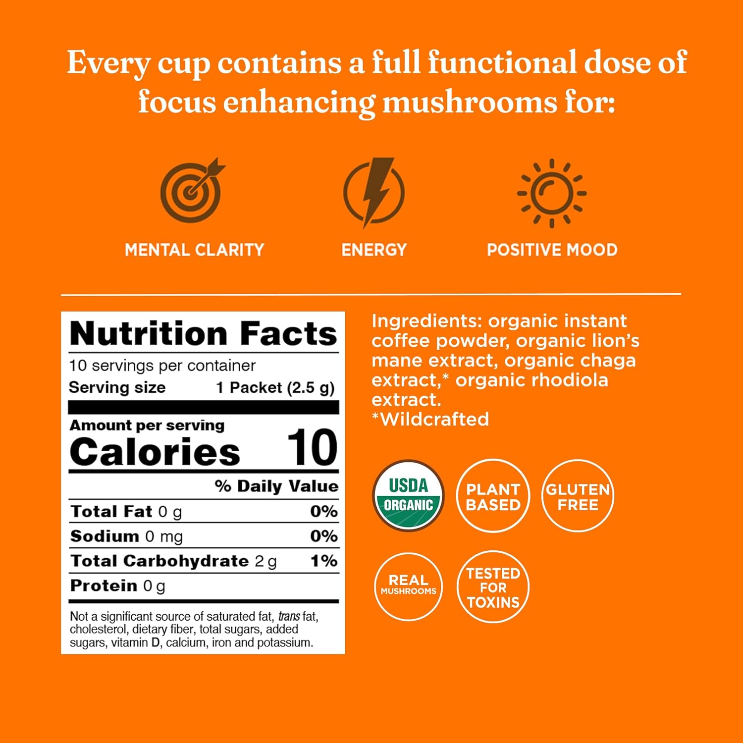 Four Sigmatic instant coffee ingredients and product information panel on packaging