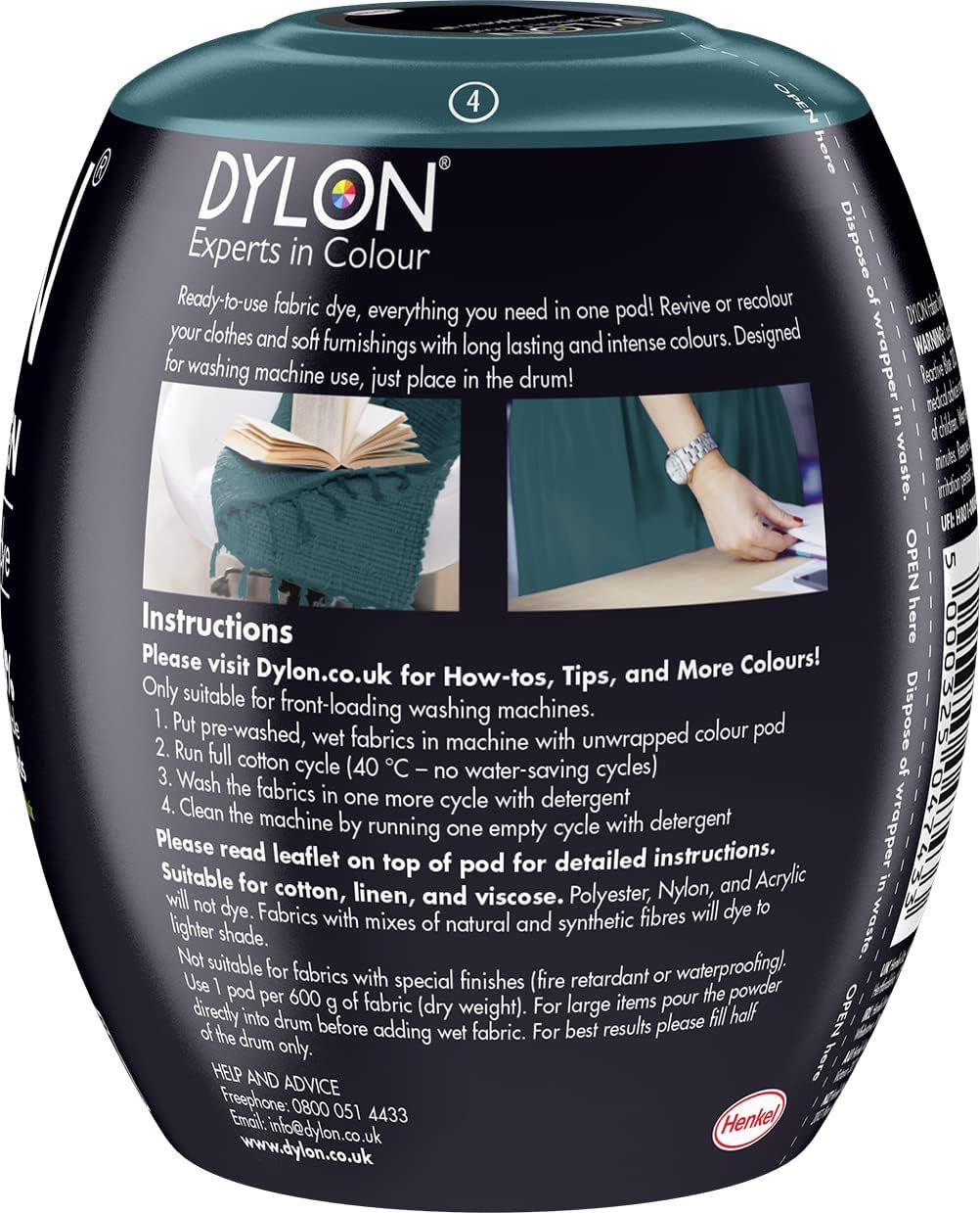 Dylon All-in-1 Washing Machine Fabric Dye Pod Emerald Green 350g ingredients information packaging