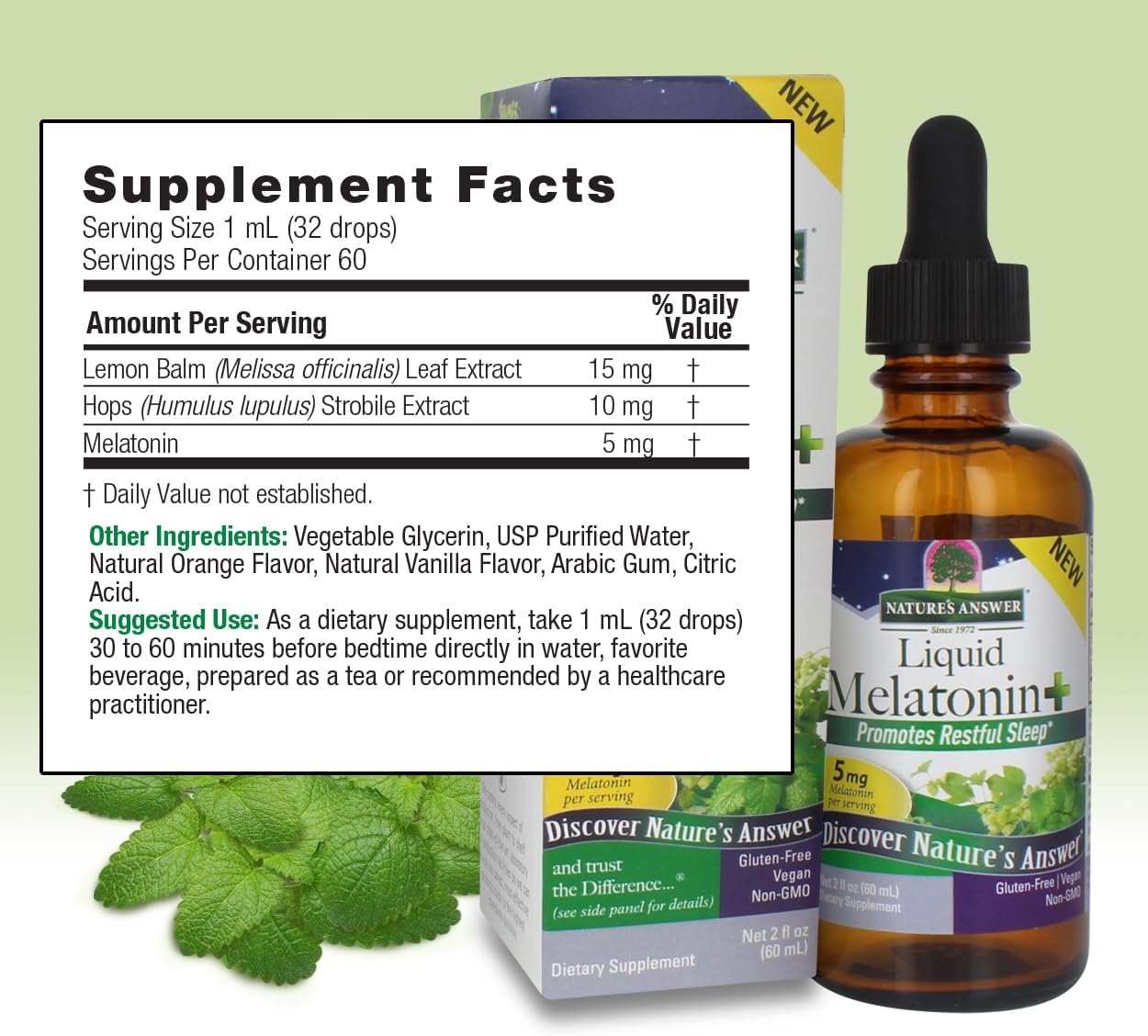 Nature’s Answer Melatonin Plus Lemon Balm & Hops 60ml supplement facts labelon a light green background