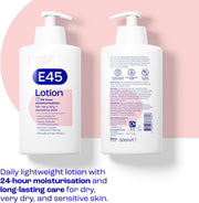Front & back of E45 Lotion bottle showing ingredients and details.
