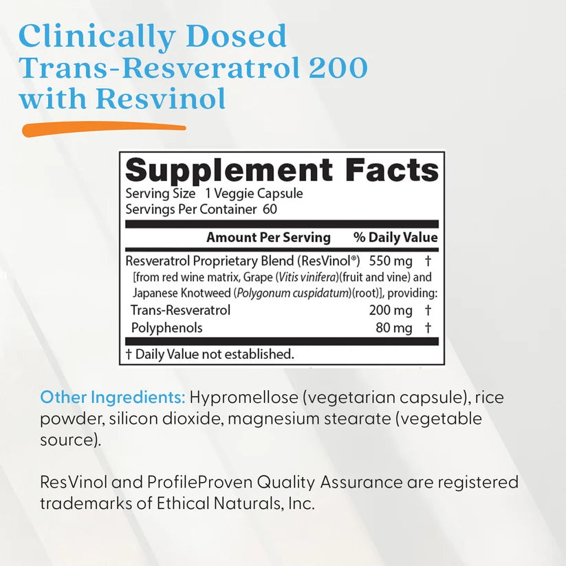 Doctor's Best Trans-Resveratrol, bottle packaging, unflavoured, 200mg, 60 veggie capsules, supplement facts and ingredients