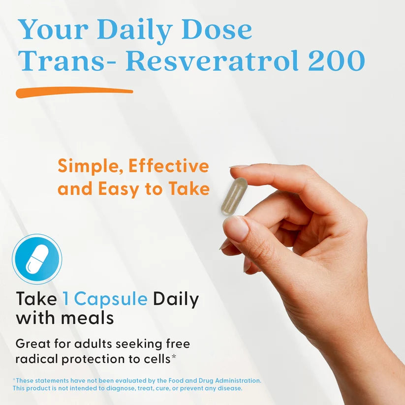 Doctor's Best Trans-Resveratrol, bottle packaging, unflavoured, 200mg, 60 veggie capsules, daily use instructions