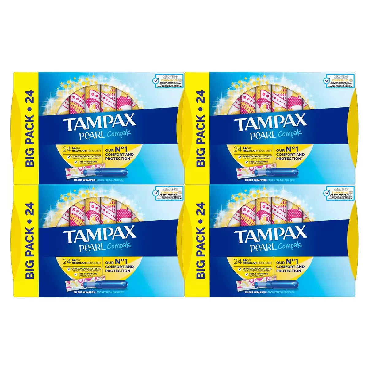 Front image: Tampax Pearl Compak regular tampons compact applicator 2 x 24 pack 