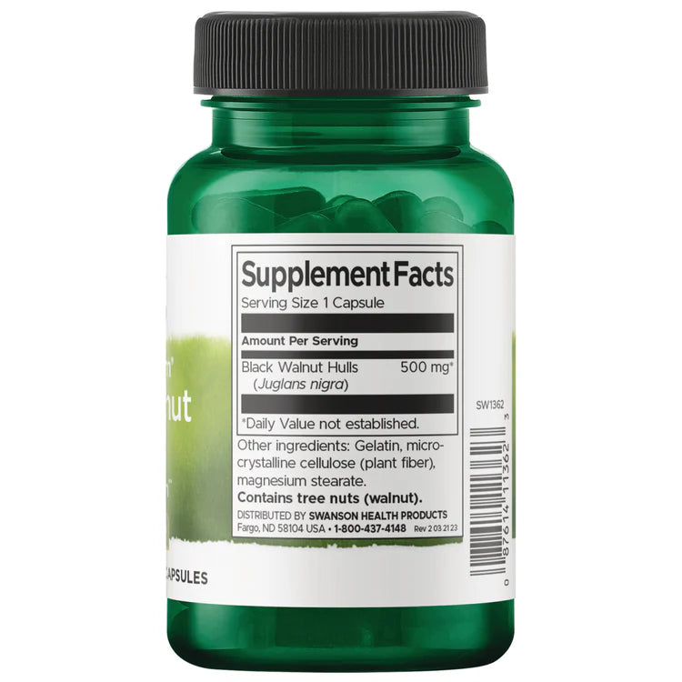 Swanson Black Walnut Hulls 60 Capsules supplement bottle with label on a white background