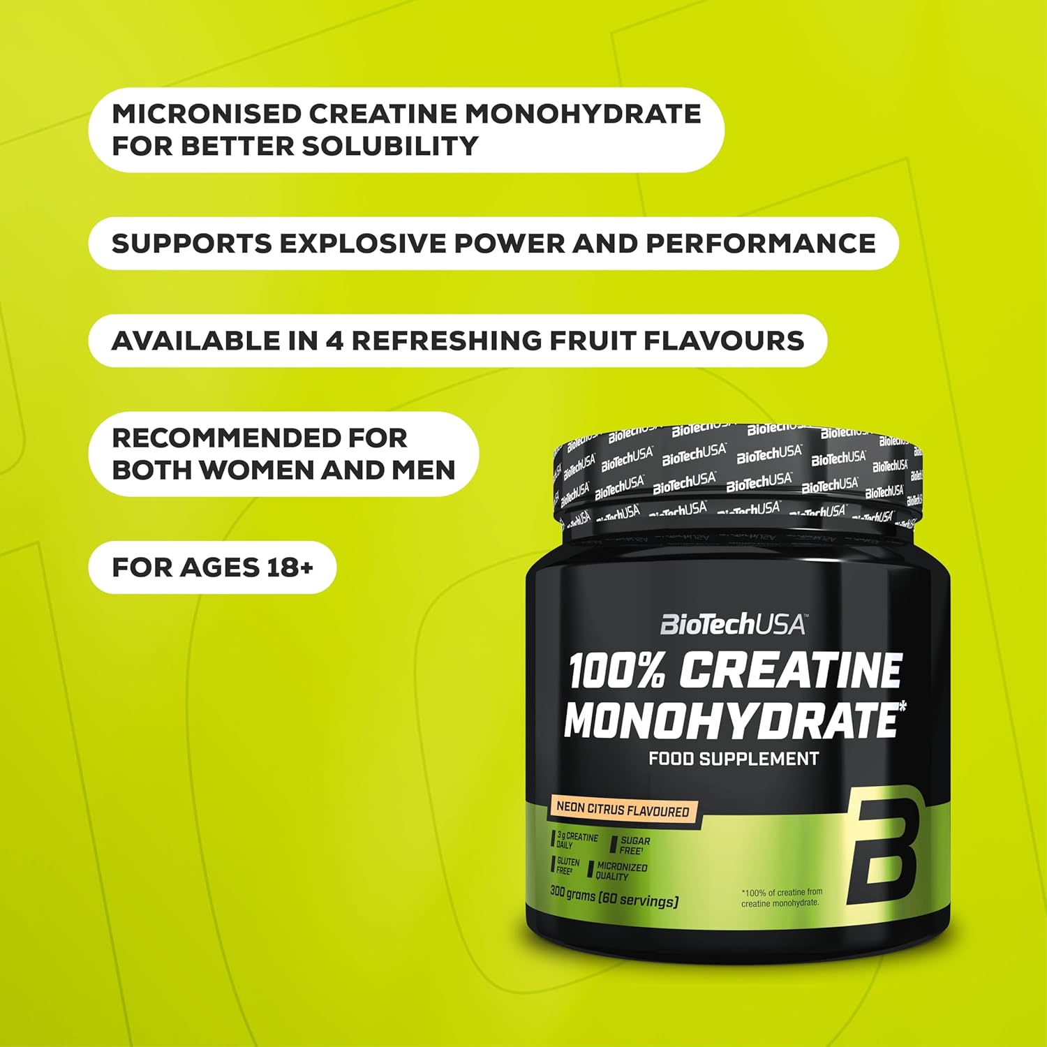 BioTechUSA 100% Creatine Monohydrate supplement facts powder peach ice tea flavour 300g