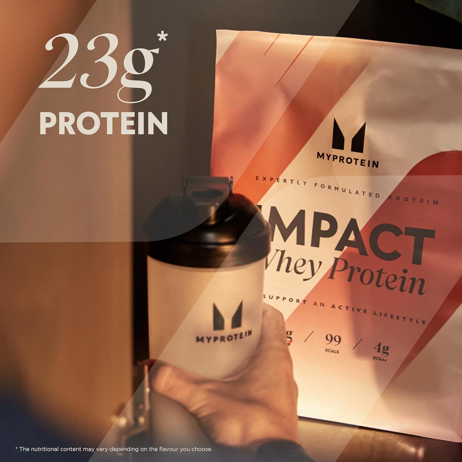 How to Use: MyProtein Vanilla Whey Protein powder being mixed in a shaker bottle.