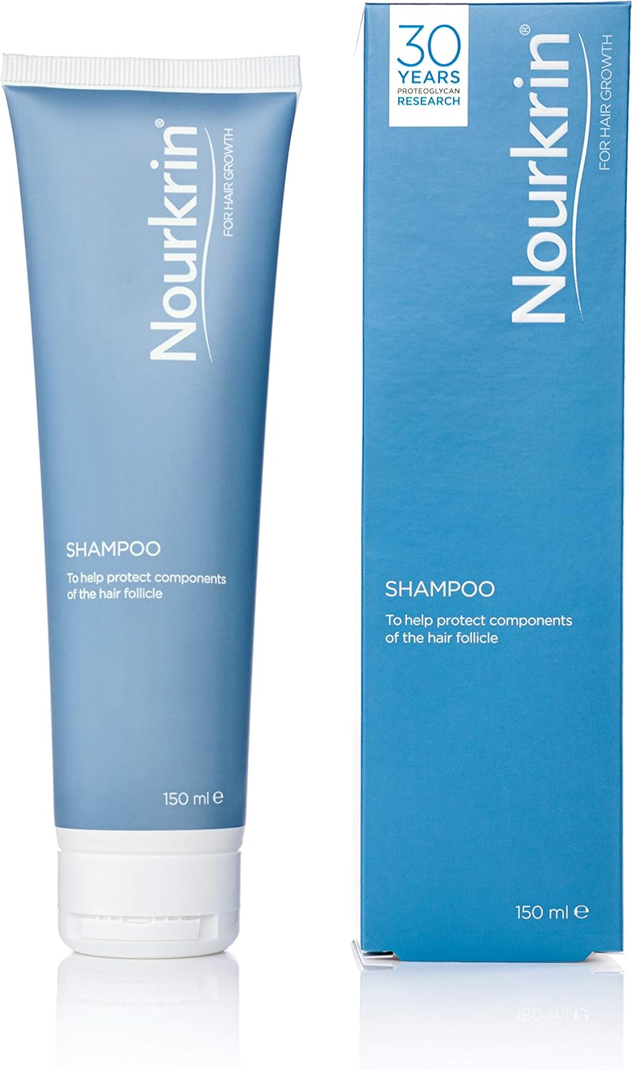 Nourkrin Hair & Scalp Care Shampoo bottle & box, 150ml, on white background.