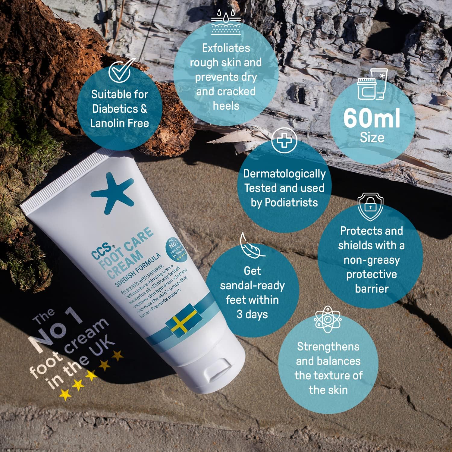 CS5 foot care cream with features listed on a natural stone background