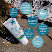 CS5 foot care cream with features listed on a natural stone background