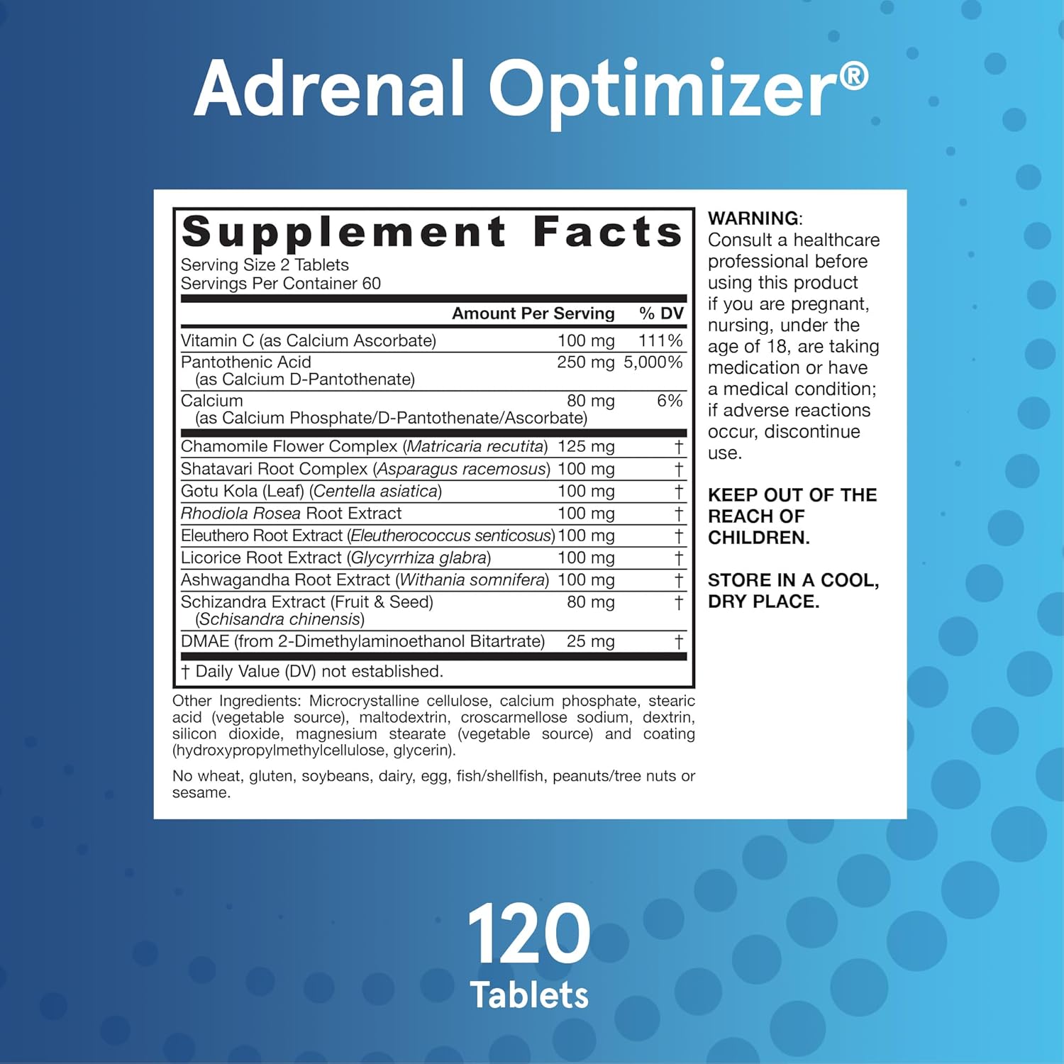 Supplement Facts Image: Jarrow Formulas Adrenal Optimizer tablets supplement facts and ingredients 120 count