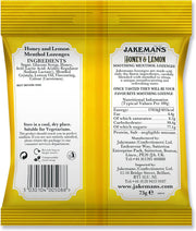 Jakemans Honey & Lemon Menthol Lozenges bag packaging honey lemon flavour 12 x 73g ingredients, barcode and product information panel