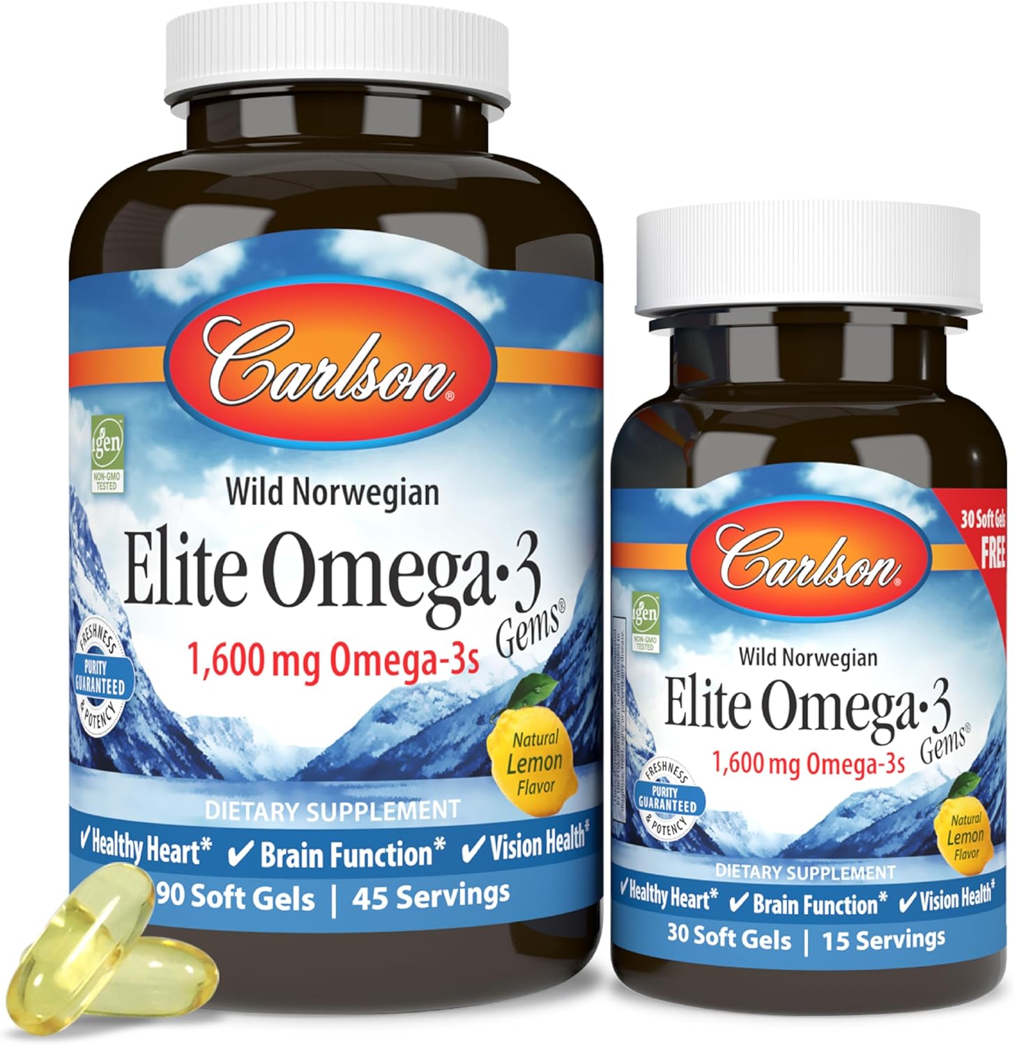 Front image: Carlson Elite Omega 3 Gems 1600 mg lemon softgels fish oil bottle 120 count