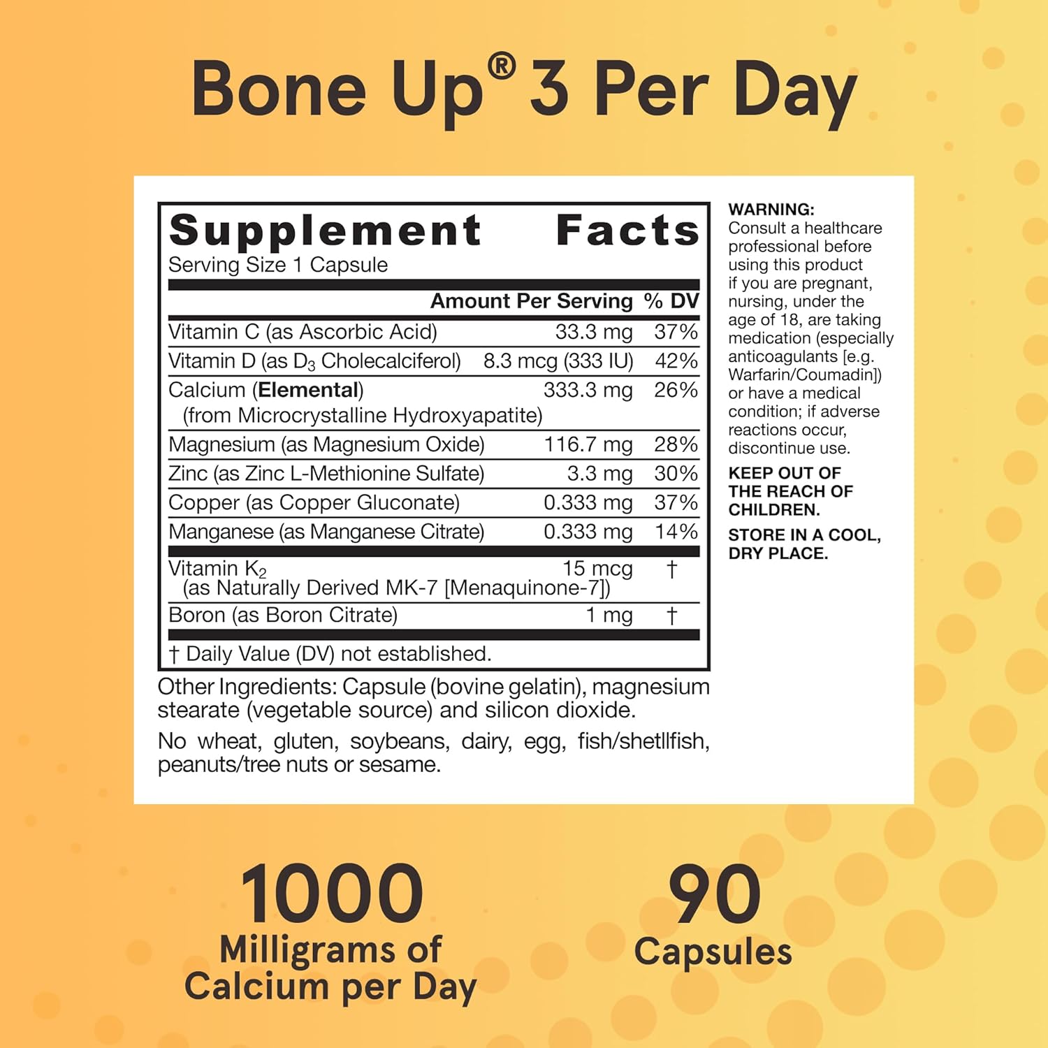 Supplement Facts Image: Jarrow Formulas BoneUp 3 Per Day 1000mg calcium supplement facts ingredients capsules