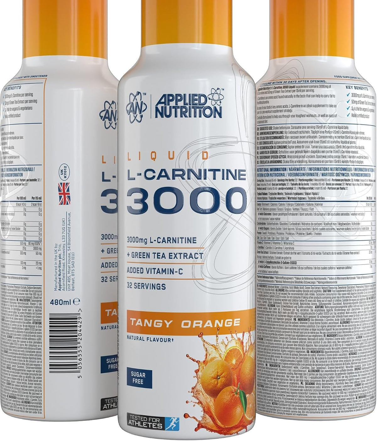 Applied Nutrition Liquid L-Carnitine 3000 Tangy Orange liquid supplement bottle 480ml supplement facts and ingredients & barcode