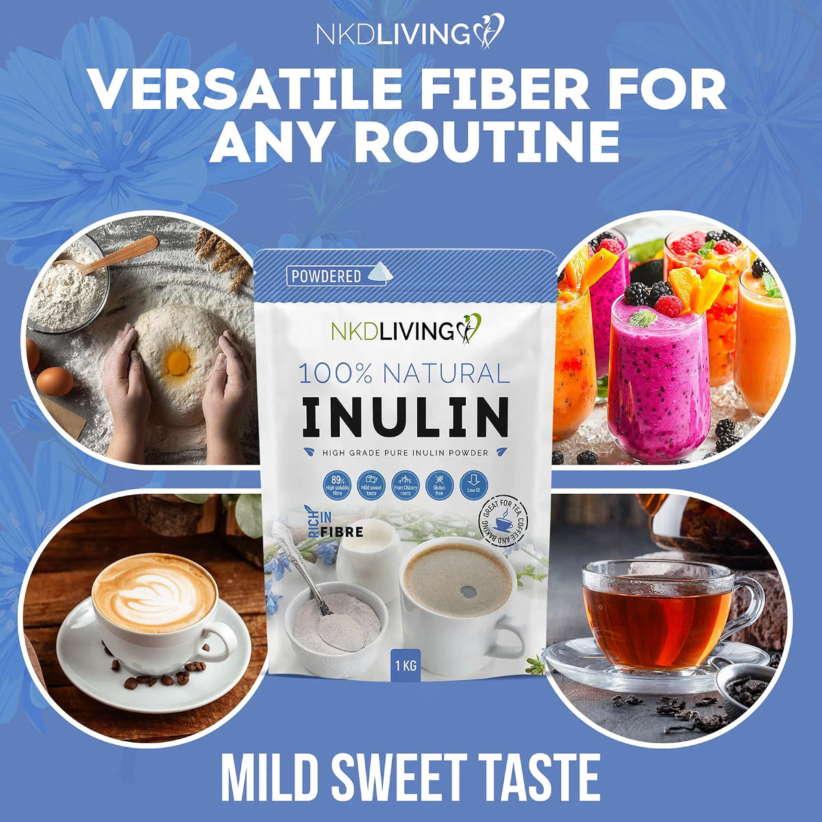 NKD Living Inulin Fibre Powder from Chicory Root pouch 1kg lifestyle use