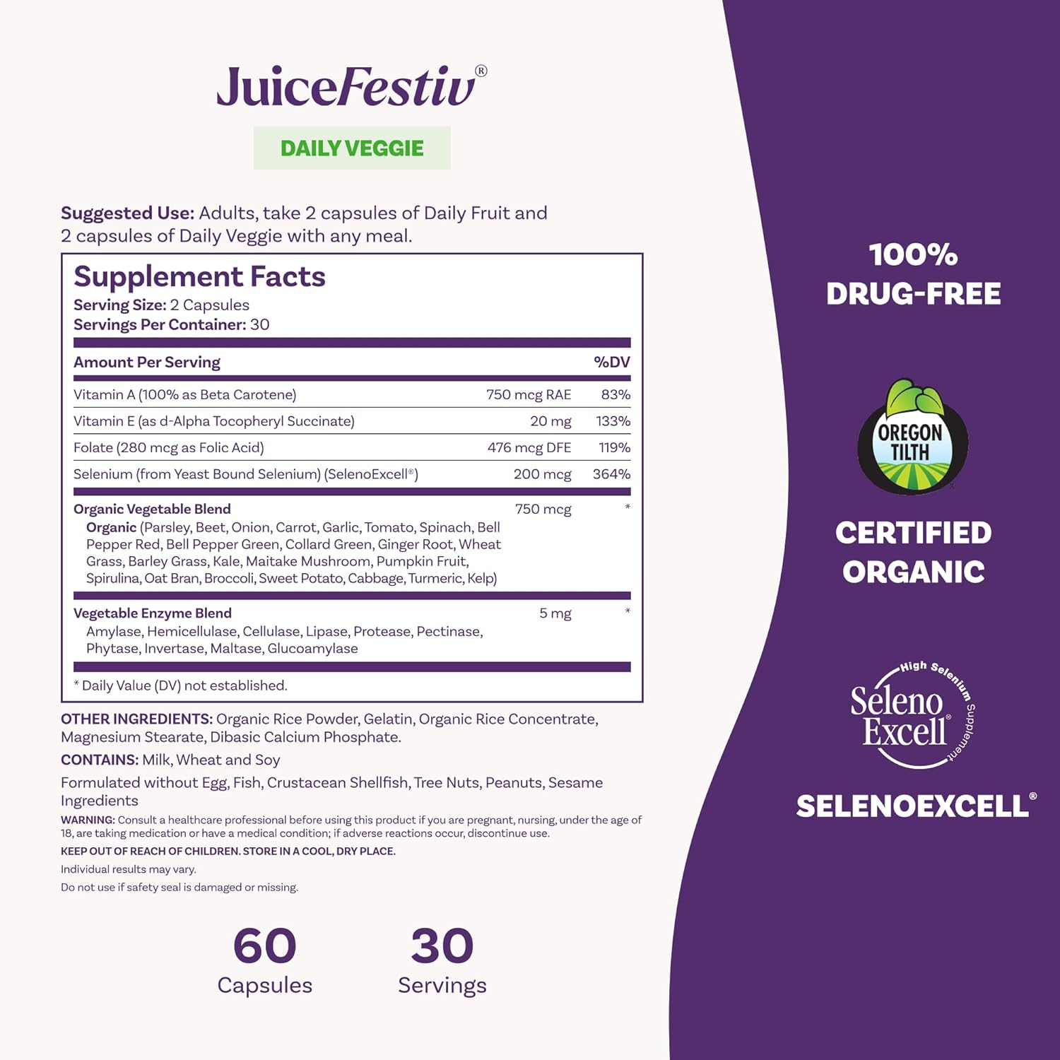 Natrol JuiceFestiv Daily Veggie supplement facts ingredients bottles 60 capsules each