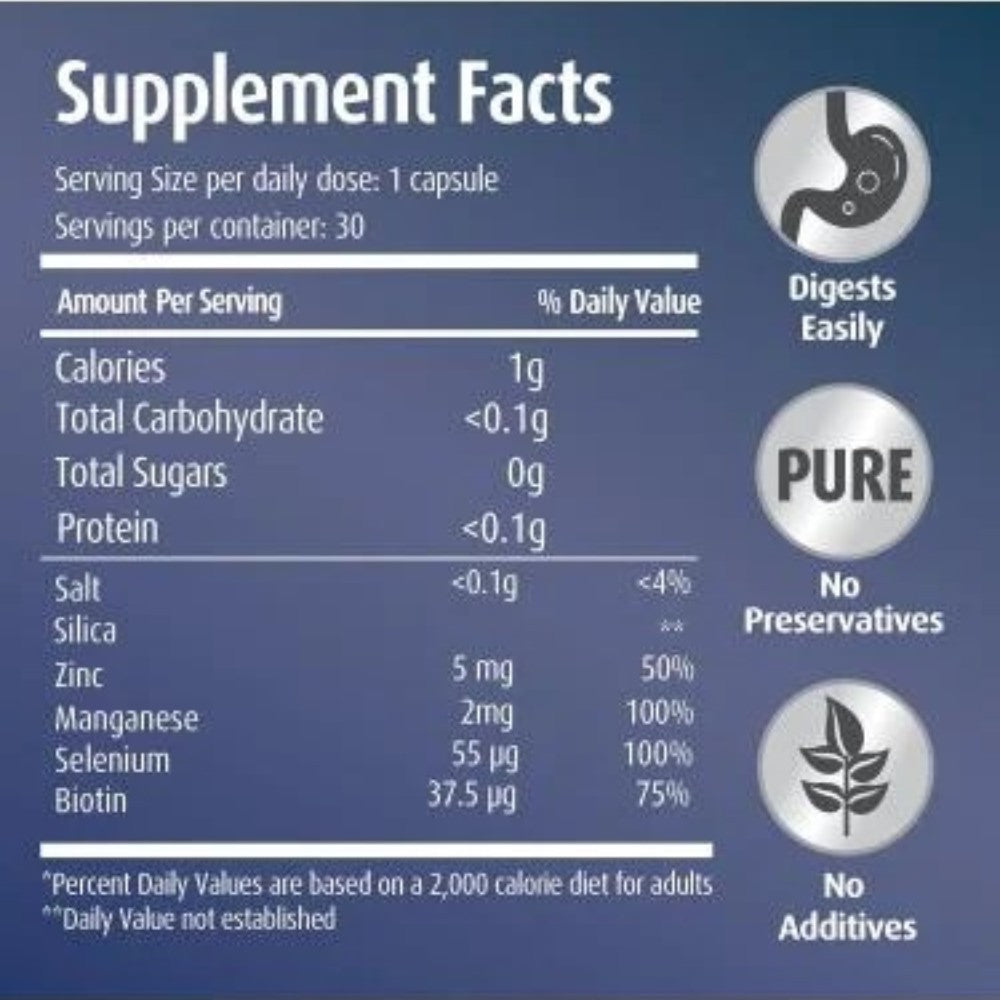Hübner Silicea Hair Skin Nails & Bones food supplement capsule box 30 capsules supplement facts and ingredients