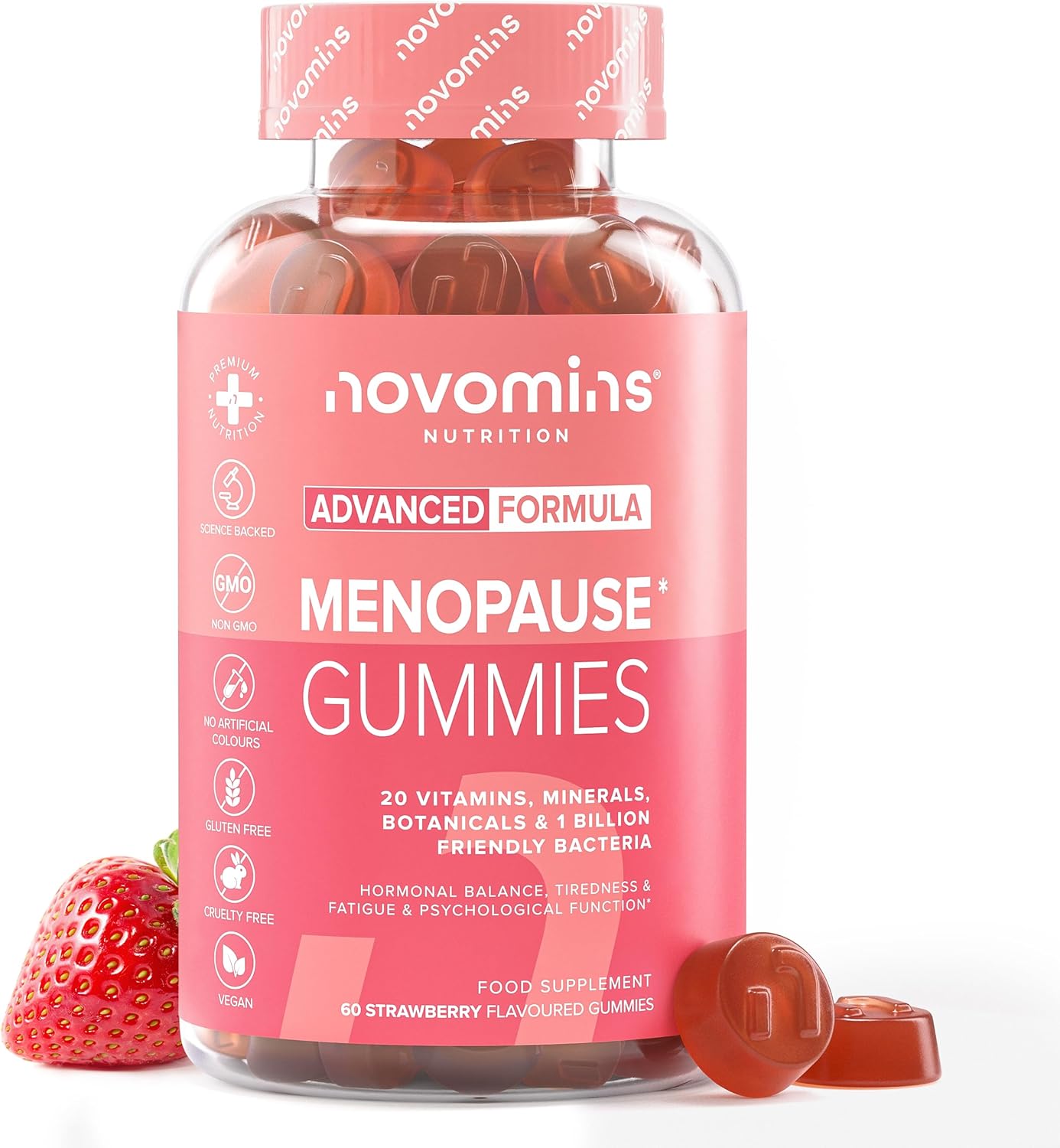 Novomins Menopause Gummies Strawberry 60 Count bottle menopause support supplement front view